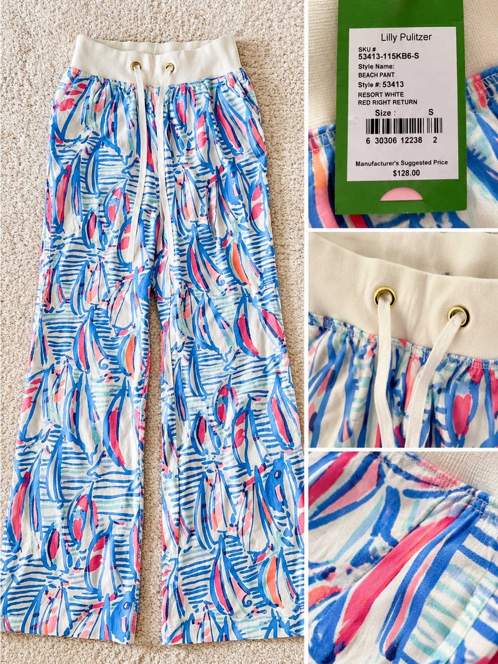 Lilly Pulitzer White Pajama Pants with Blue, Pink & Orange Sail Print